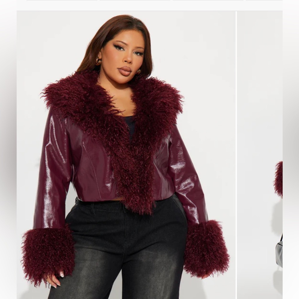 Fashion Nova Deep Burgundy Leather Jacket with Faux Fur